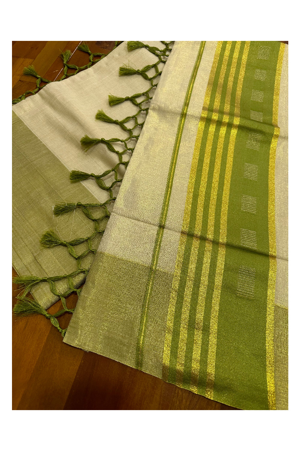 Kerala Tissue Saree with Kasavu Green Border and Tassels Works on Pallu (Onam Saree 2023)