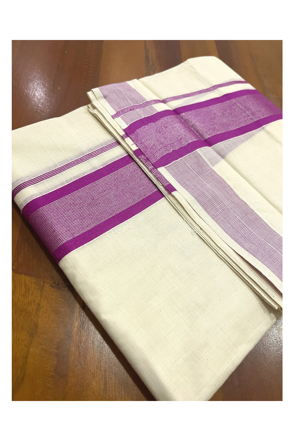 Pure Cotton Double Mundu with Magenta and Silver Kasavu Kara (South Indian Kerala Dhoti)