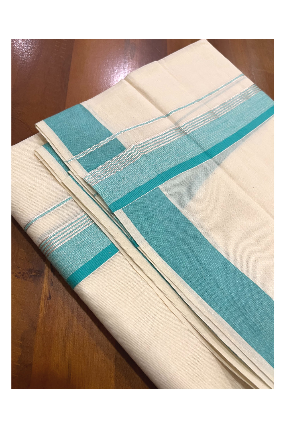 Pure Cotton Kerala Double Mundu with Turquoise and Silver Kasavu Kara (South Indian Kerala Dhoti)