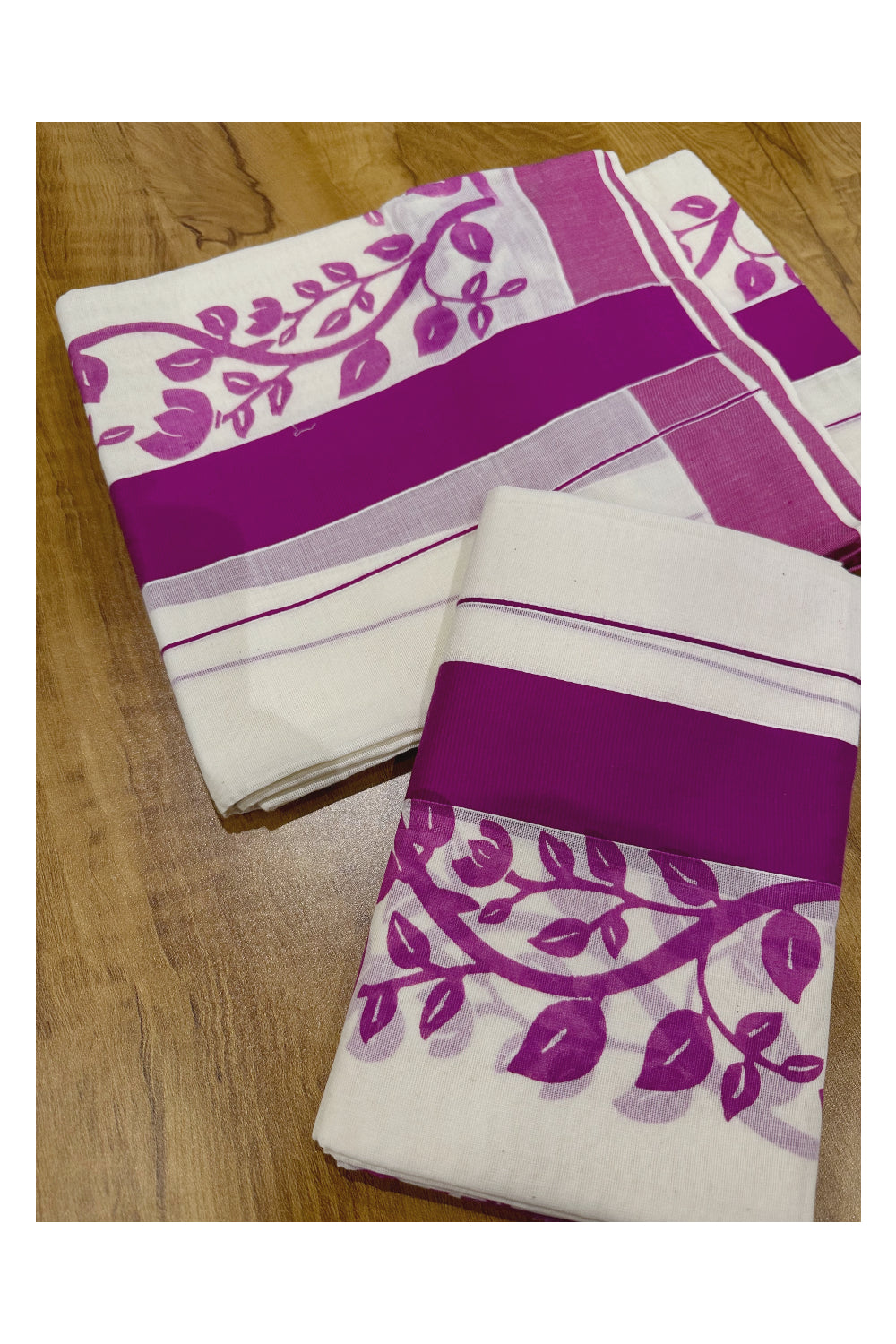 Southloom Original Design Single Set Mundu (Mundum Neriyathum) with Magenta Floral Vines Block Print 2.80 Mtrs (Onam Set Mundu 2023)