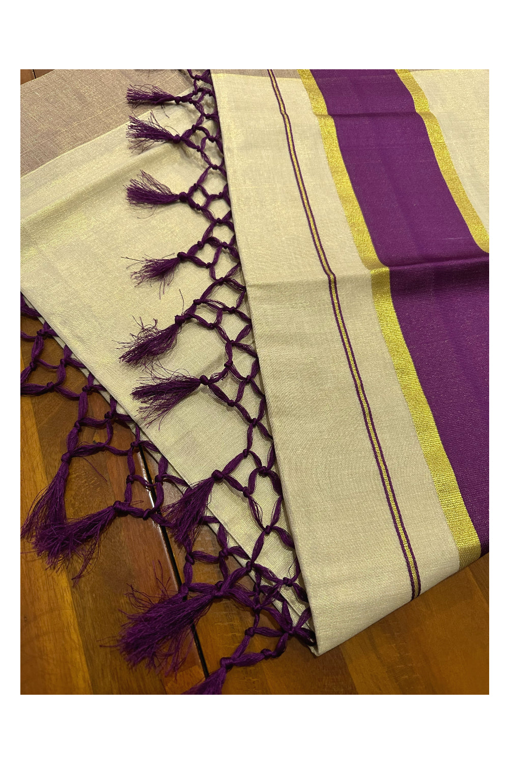 Kerala Kasavu Tissue Saree with Purple Kara and Border (Onam Saree 2023)