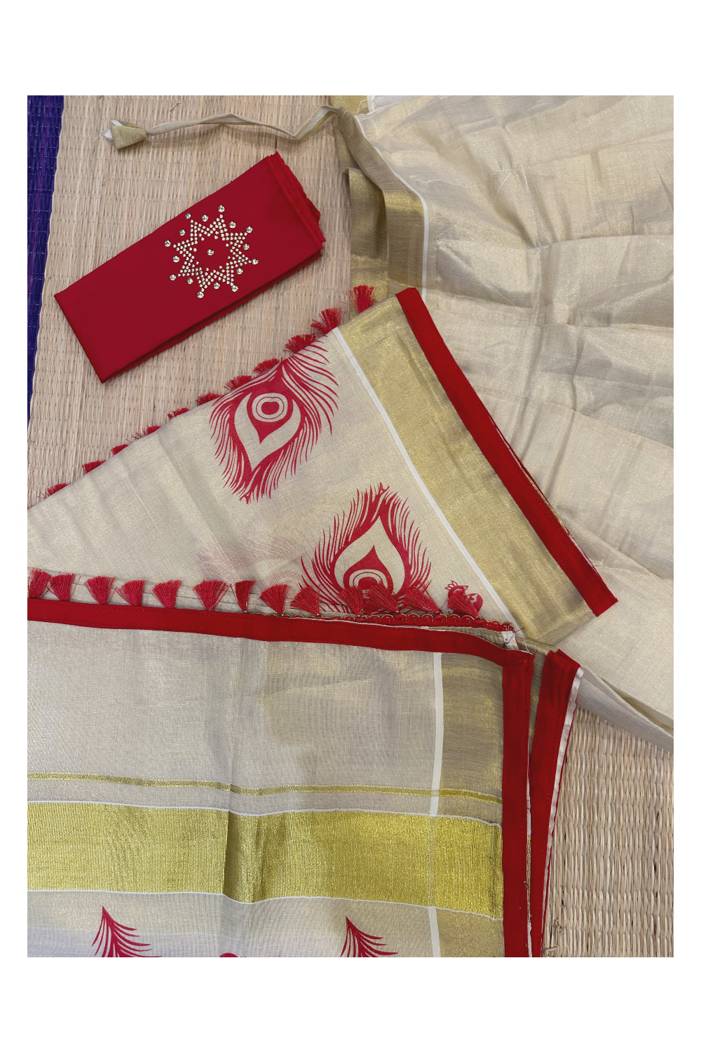 Kerala Tissue Semi Stitched Dhavani Set with Block Print Pavada and Red Blouse Piece