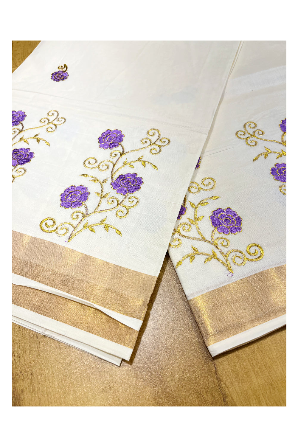 Southloom Kerala Kasavu Saree with Lavender and Gold Floral Embroidery