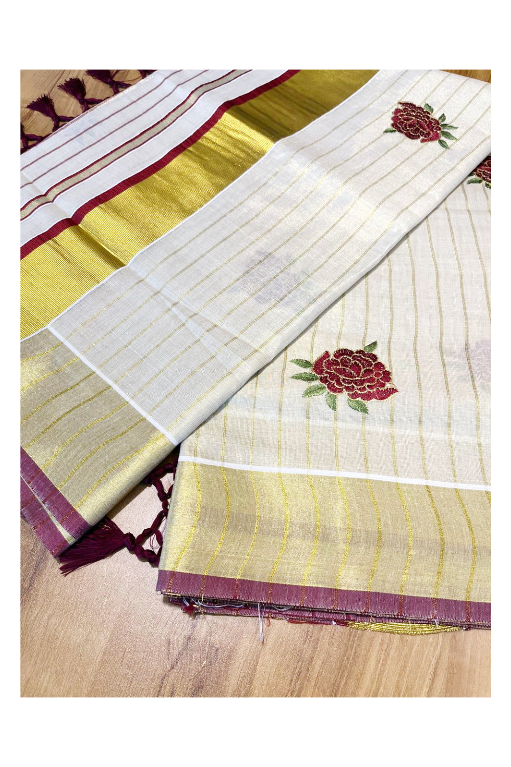 Southloom Kerala Tissue Kasavu Lines Saree with Maroon Floral Embroidery Works