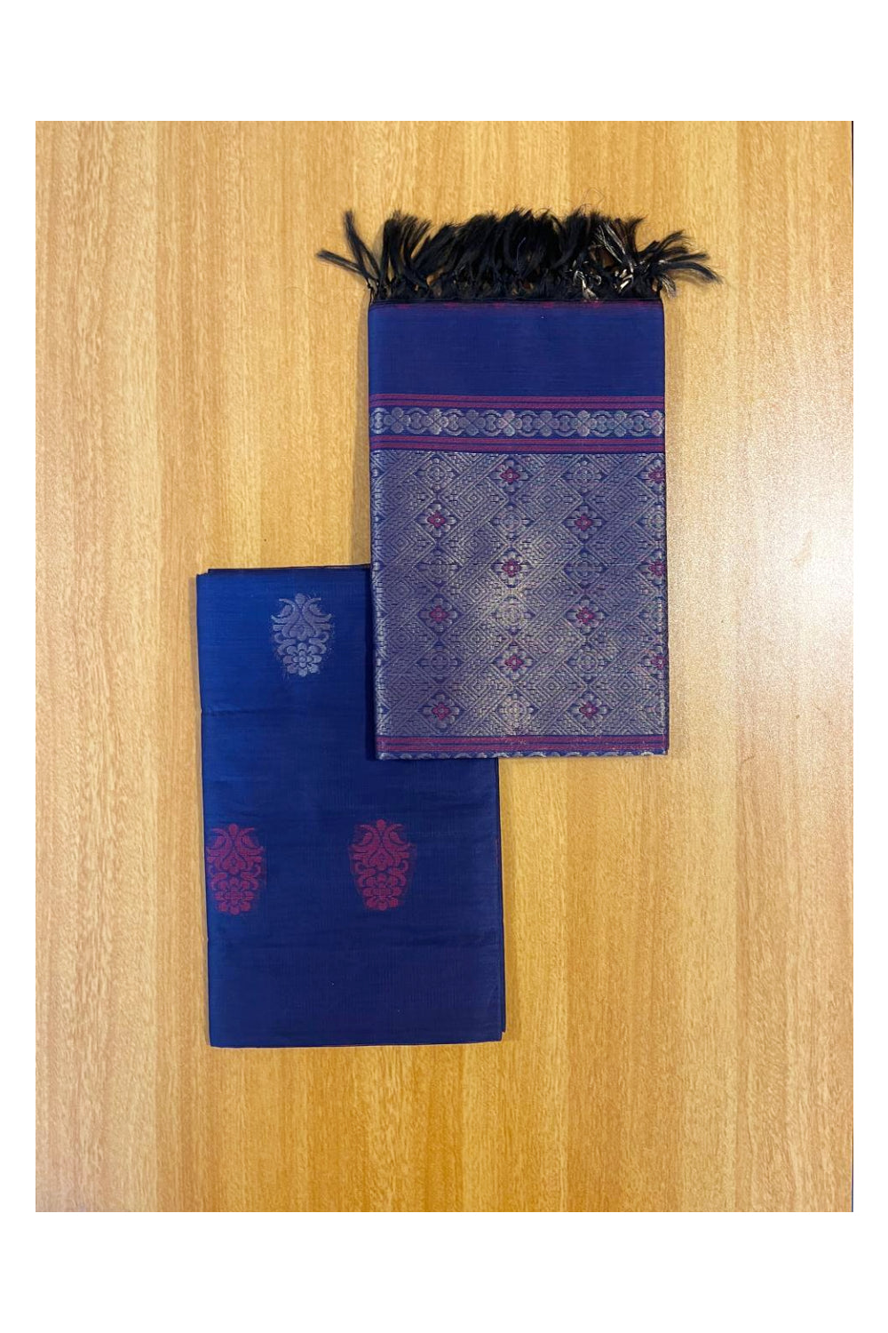 Southloom™ Original Handloom Cotton Pure Silk 3 Piece Blue and Pink Salwar Material with Woven Zari Butta Work