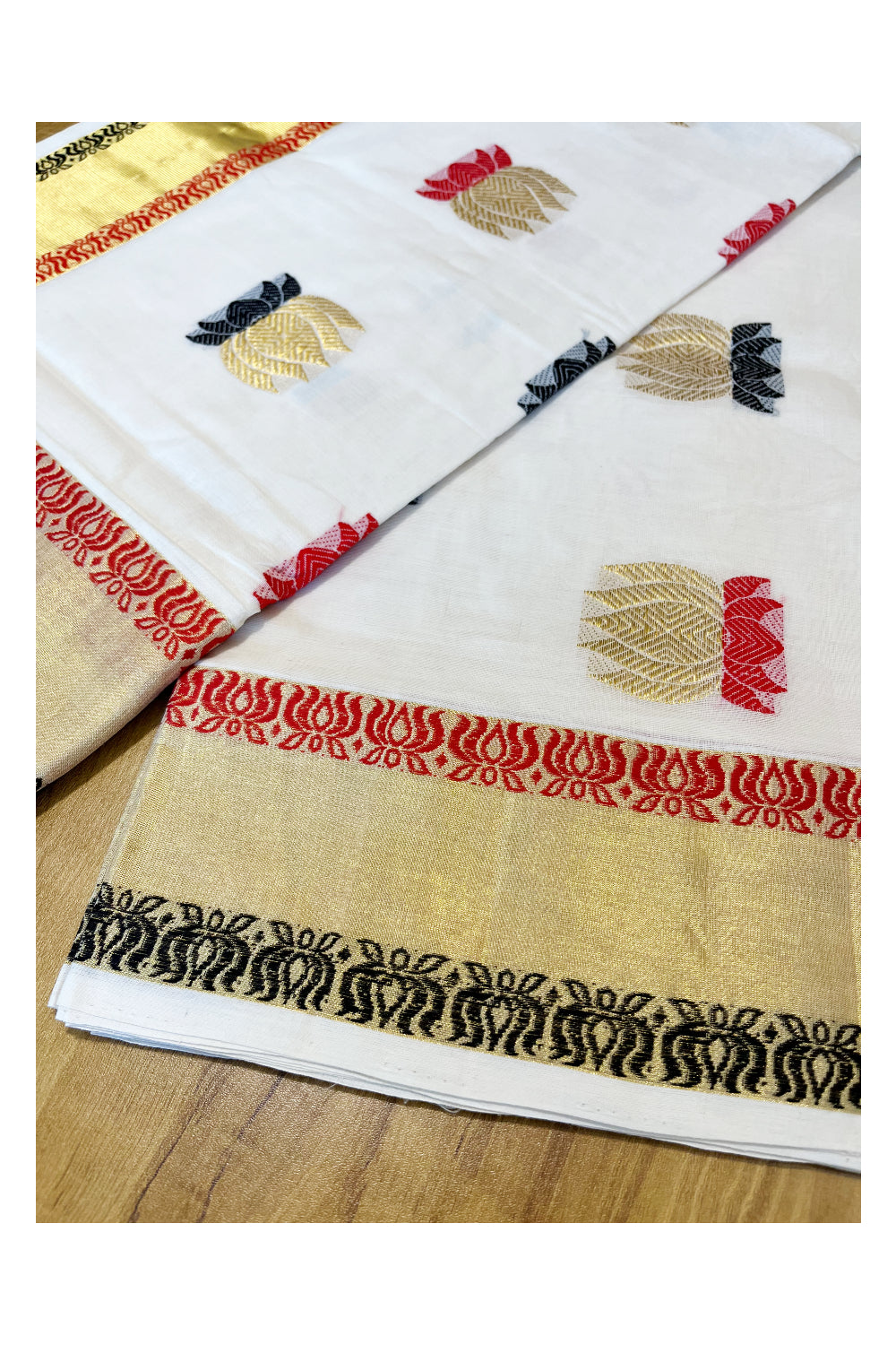 Southloom™ Premium Handloom Cotton Kasavu Saree With Handwoven Red,Black and Golden Lotus Designs