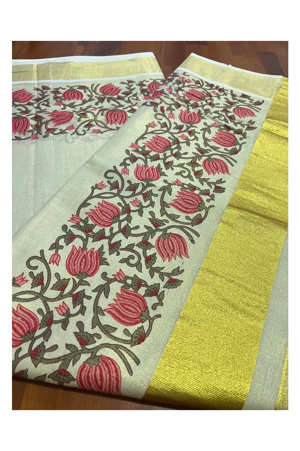 Southloom Jaipur Artisans & Kerala Weavers Collab Pink and Grey Floral Printed Tissue Kasavu Saree (2023 Onam Exclusive Kerala Saree)