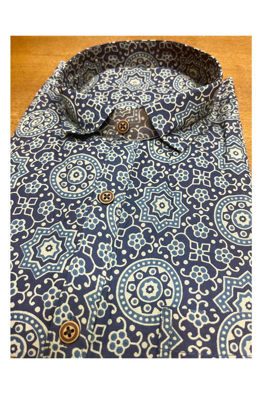 Southloom Jaipur Cotton Blue Hand Block Printed Shirt (Full Sleeves)