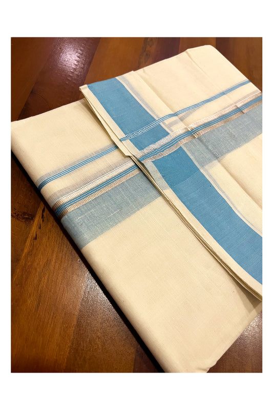 Kerala Cotton Double Mundu with Light Blue and Silver Kasavu Border (Onam Mundu 2023)