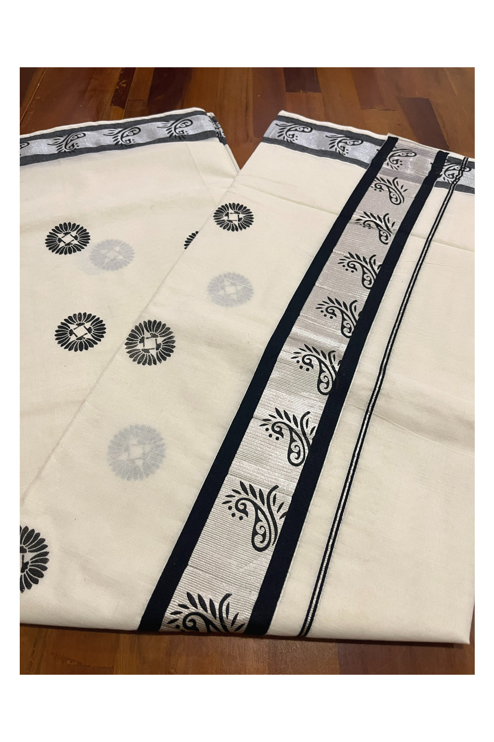 Pure Cotton Kerala Saree with Black Block Prints and Silver Border