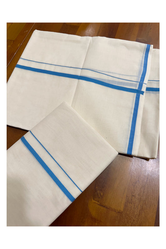 Kerala Cotton Single Puliyilakkara Set Mundu (Mundum Neriyathum) with 0.5 inch Blue Border 2.80Mtrs