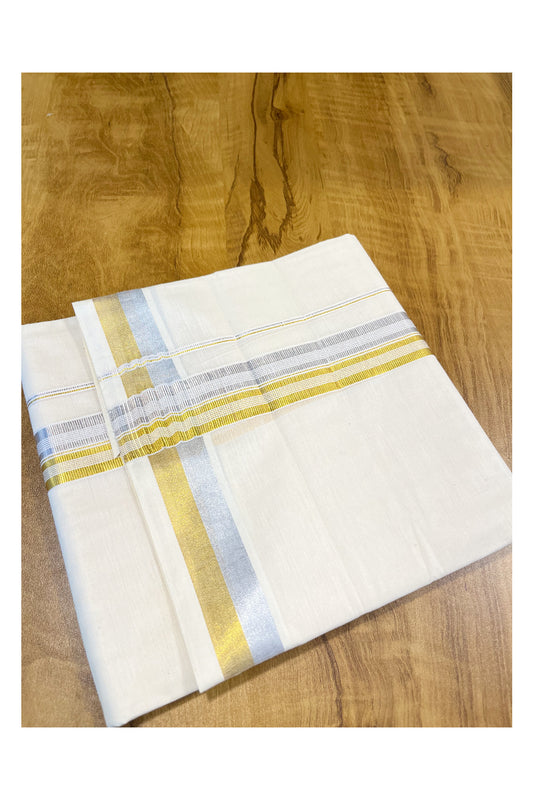 Kerala Pure Cotton Double Mundu with Silver and Golden Kasavu Border (South Indian Kerala Dhoti)