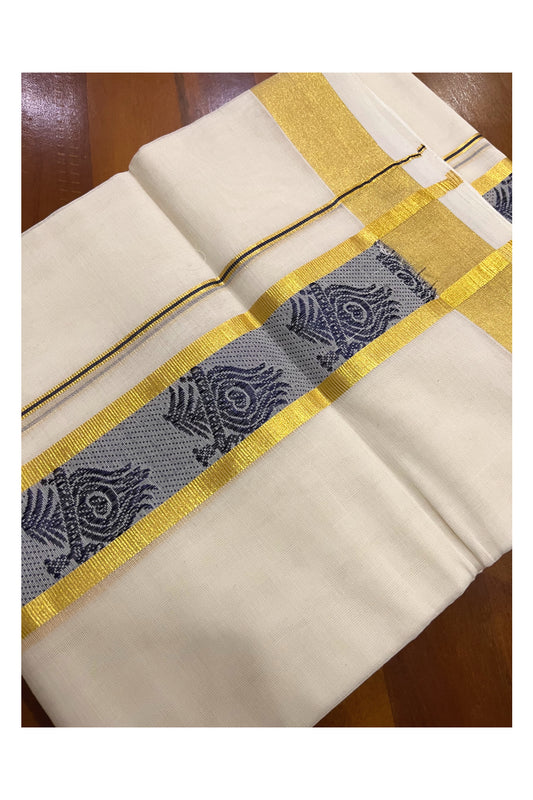 Southloom Premium Handloom Pure Cotton Mundu with Golden and Blue Kasavu Woven Border (Onam Mundu 2023)