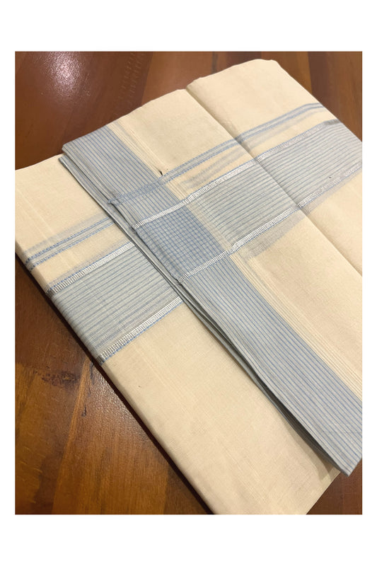 Pure Cotton 100x100 Double Mundu with Light Blue and Silver Kasavu Kara (Onam Mundu 2023)