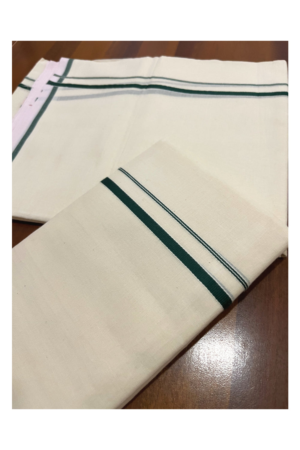 Kerala Cotton Set Mundu (Mundum Neriyathum) with Green Thin Border 2.75 Mtrs