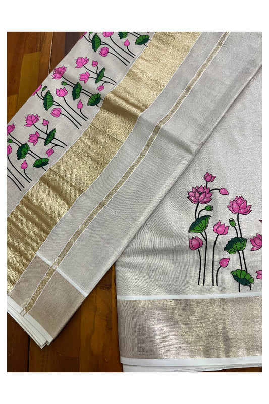 Southloom Antique Gold Tissue Saree with Subtle Lotus Prints (Vishu 2024 Collection)