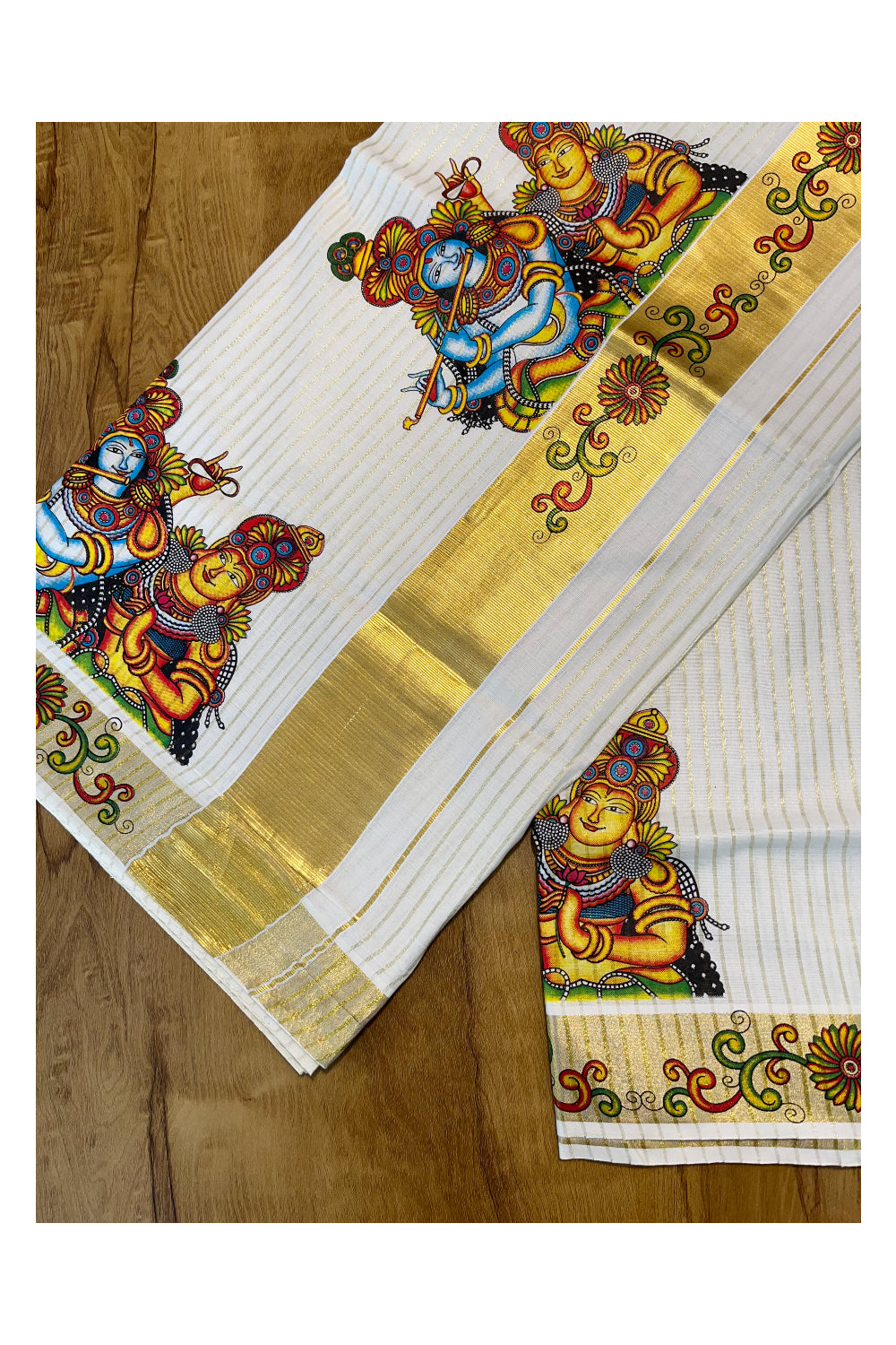 Pure Cotton Kerala Kasavu Lines Design and Krishna Radha Mural Work Saree and Printed Border