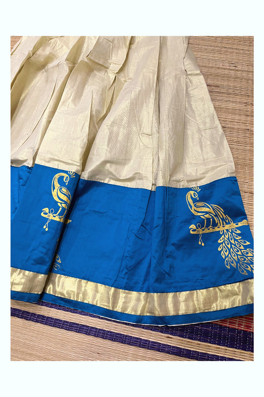 Southloom Semi Stitched Dhavani Set with Tissue Peacock Printed Pavada and Blue Blouse Piece