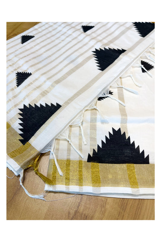 Kerala Cotton Kasavu Saree With Black Temple Woven Works on Border