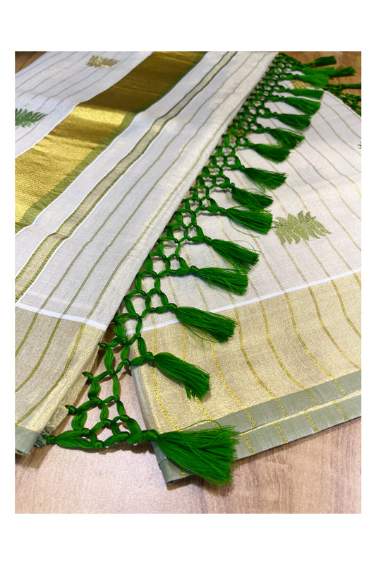 Kerala Tissue Kasavu Lines Saree with Olive Green And Golden Lotus Embroidery Works