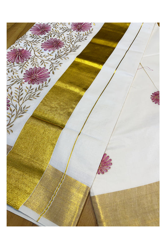 Kerala Cotton Kasavu Saree with Golden and Pink Floral Embroidery Work