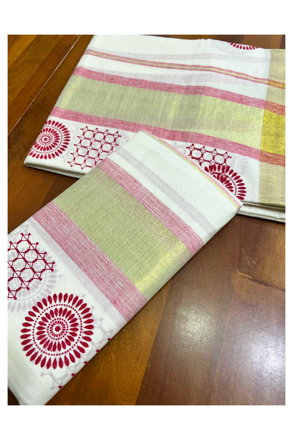 Kerala Cotton Single Set Mundu (Mundum Neriyathum) with Red Block Prints with Kasavu Border  - 2.80Mtrs