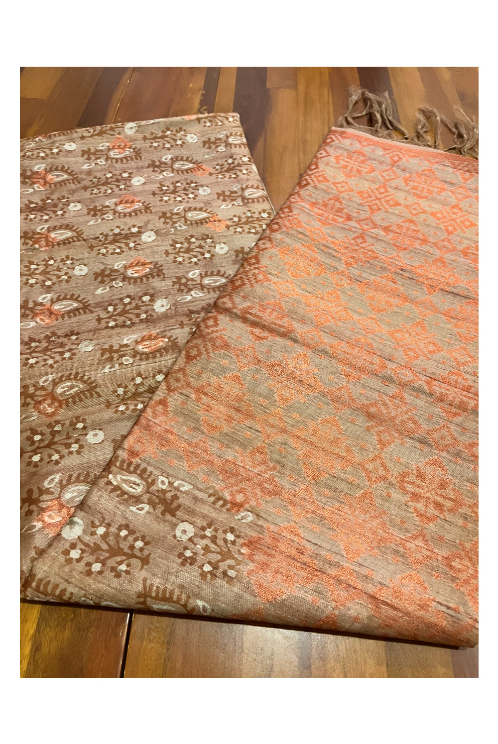 Southloom Semi Tussar Brown Floral Woven Designer Saree with Copper Border