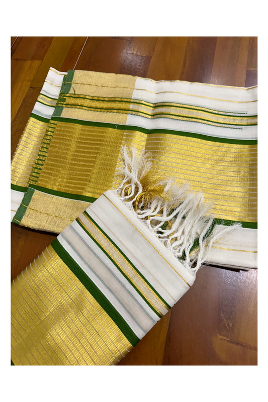 Southloom Premium Handloom Set Mundu with Green Border and Kasavu Lines Across Body 2.80 Mtrs