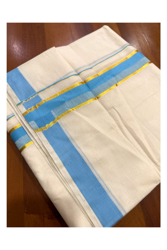 Kerala Cotton Double Mundu with Blue and Kasavu Border (Onam Mundu 2023)