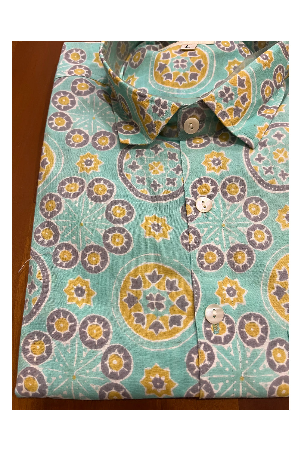 Southloom Jaipur Cotton Turquoise Hand Block Printed Shirt (Half Sleeves)