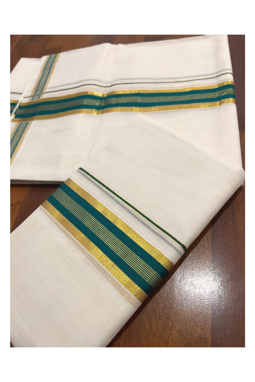 Southloom Premium Handloom Set Mundu with Kasavu and Green Border