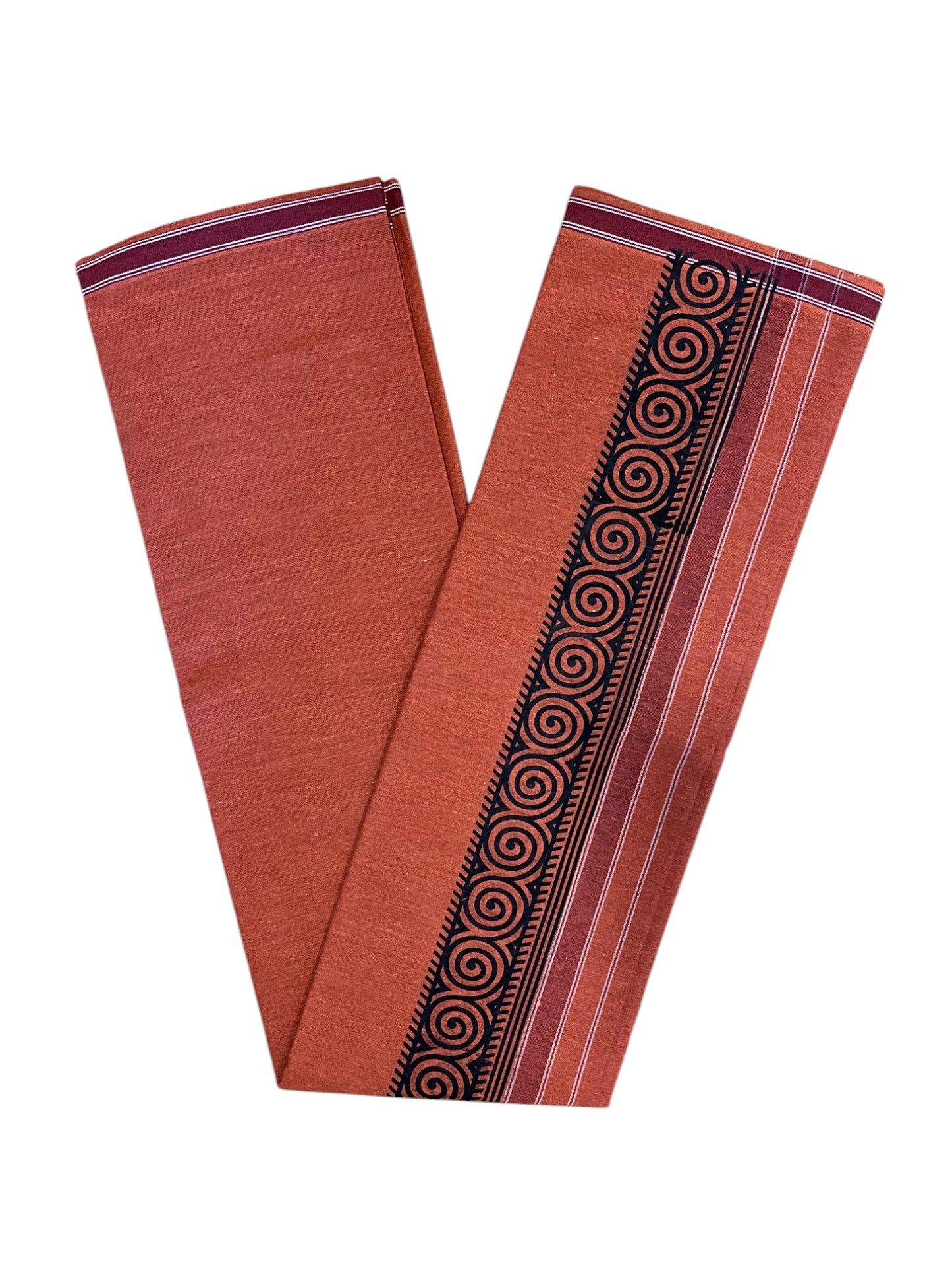 Southloom Saffron (Kaavi) Black Printed Single Mundu / Lungi (South Indian Kerala Dhoti)