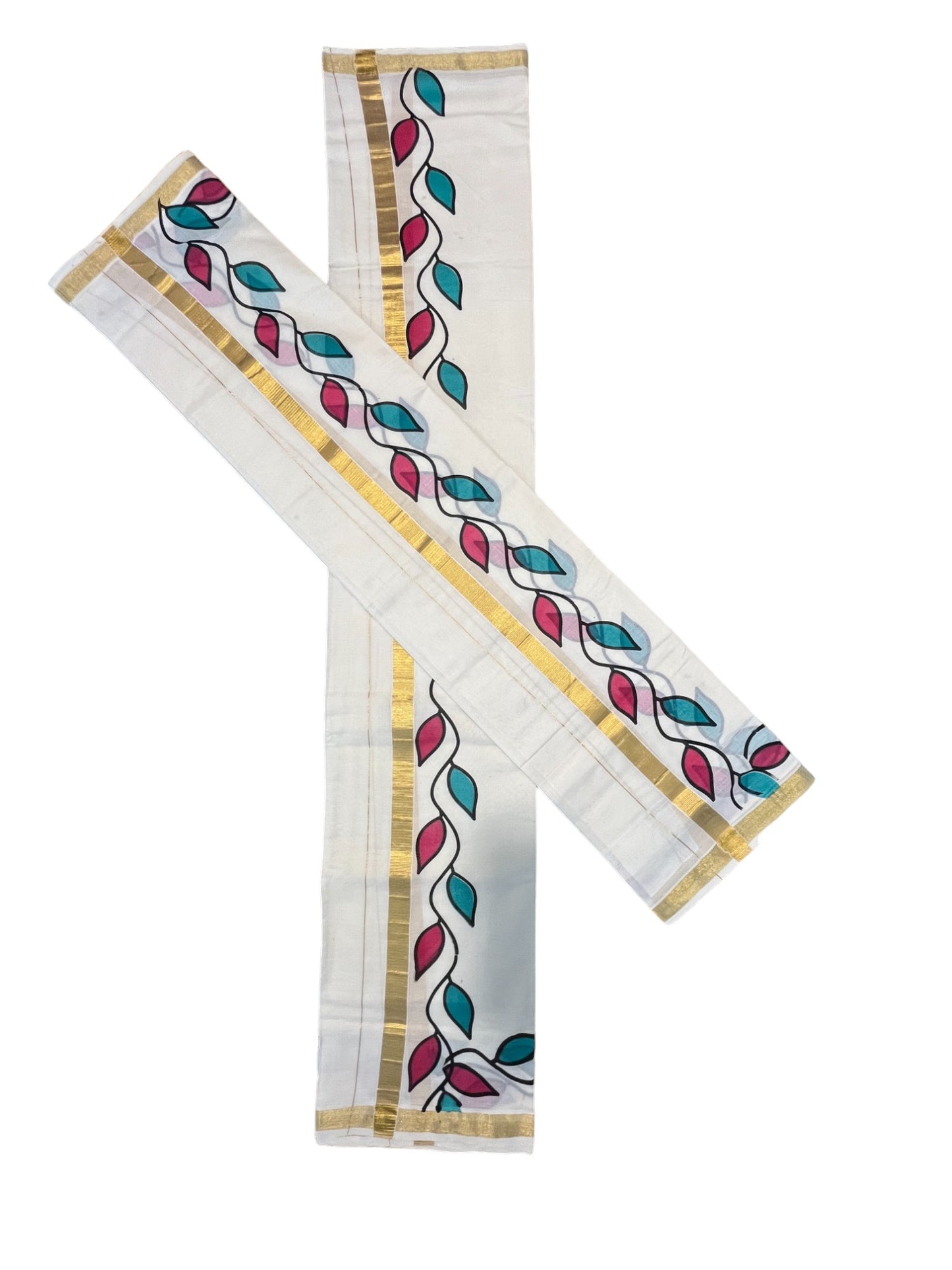 Pure Cotton Set Mundu (Mundum Neriyathum) with Pink and Green Leaf Prints on Kasavu Border(2.80M)