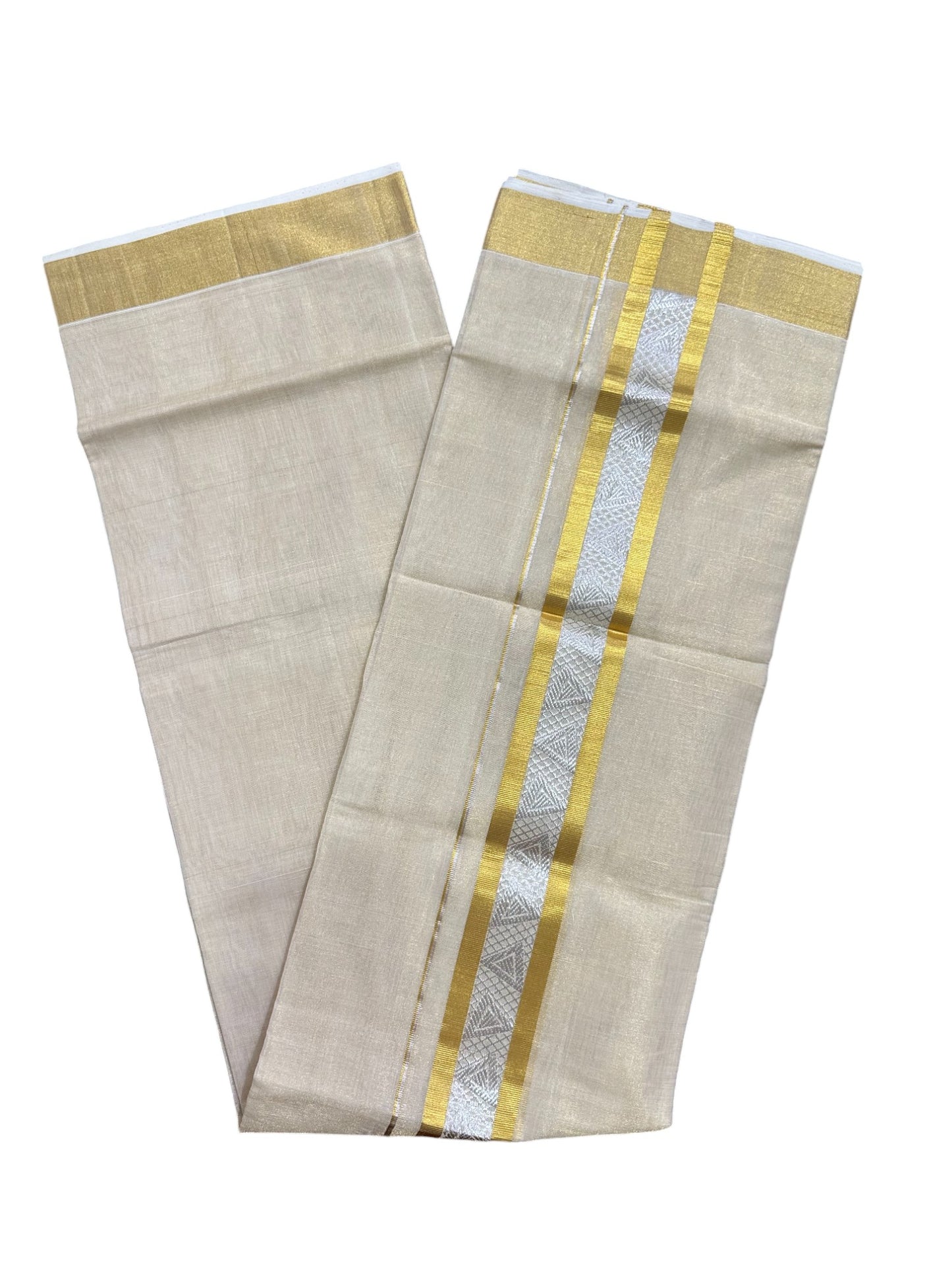 Southloom Premium Handloom Tissue Mundu with 2 inch Kasavu Border with Silver Woven Work