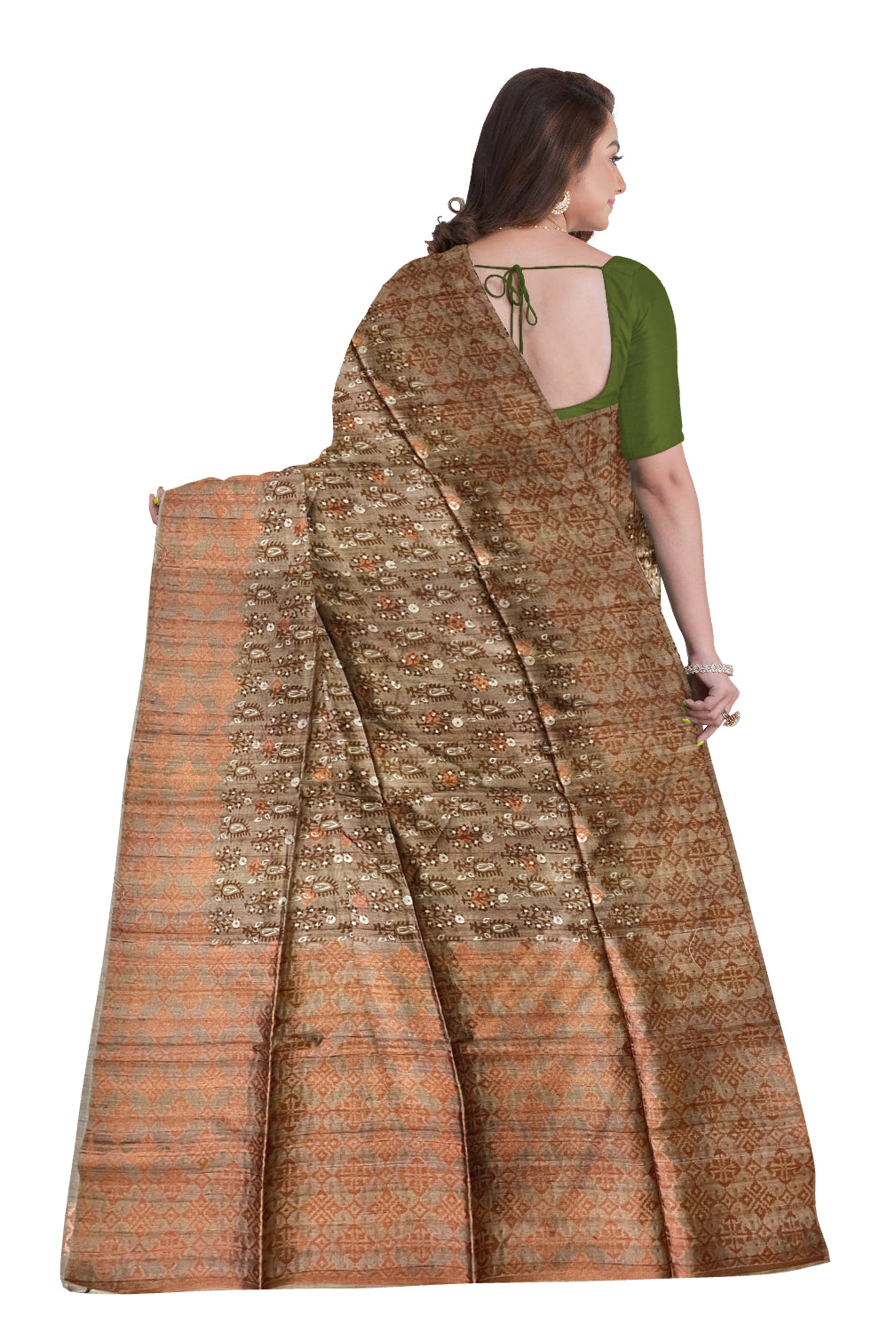 Southloom Semi Tussar Brown Floral Woven Designer Saree with Copper Border