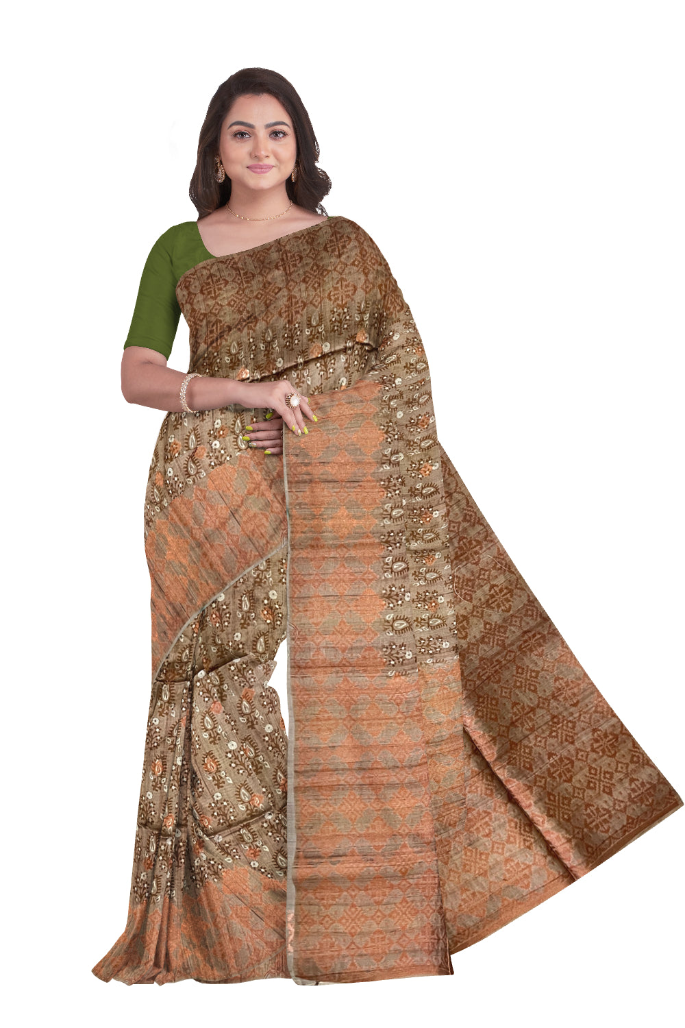 Southloom Semi Tussar Brown Floral Woven Designer Saree with Copper Border