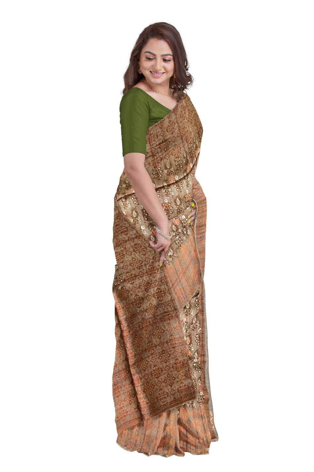 Southloom Semi Tussar Brown Floral Woven Designer Saree with Copper Border