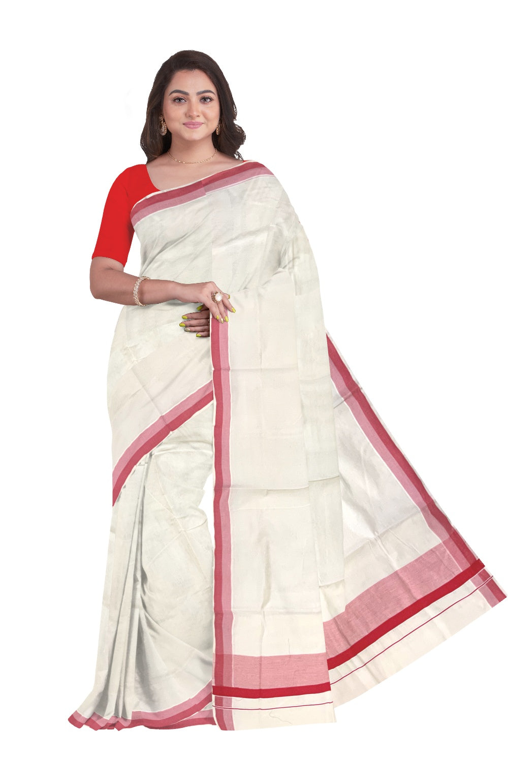 Pure Cotton Off White Kerala Saree with Orange Shaded Border (Onam Saree 2023)