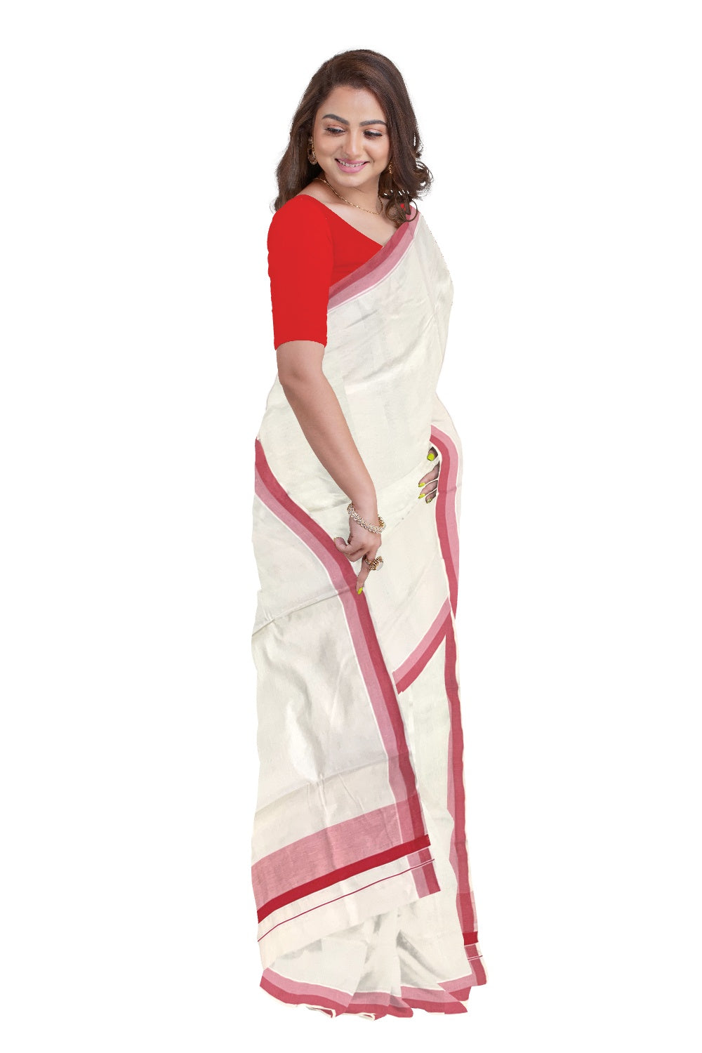 Pure Cotton Off White Kerala Saree with Orange Shaded Border (Onam Saree 2023)