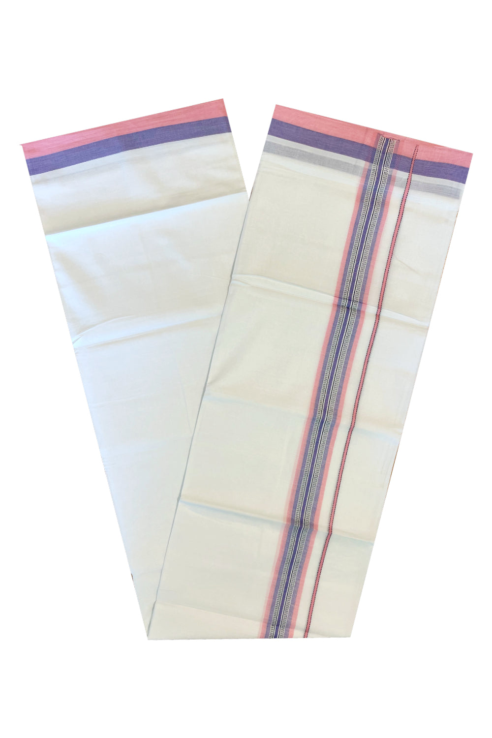 Pure White Cotton Double Mundu with Blue And Pink Border (South Indian Dhoti)