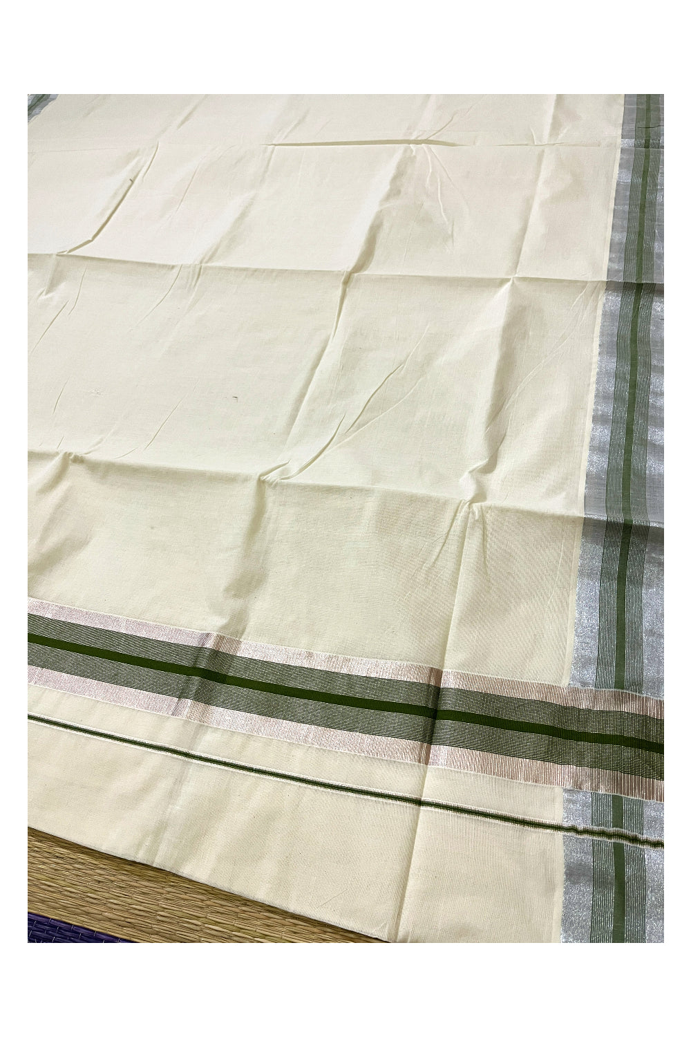 Kerala Pure Cotton Plain Saree with Silver Kasavu and Green Line Border