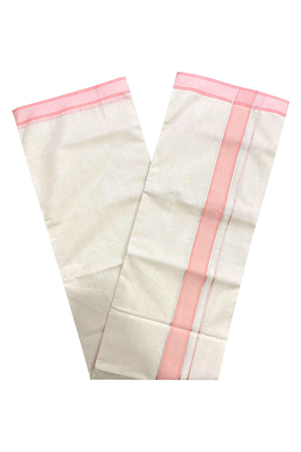 Pure Cotton Off White 100x100 Double Mundu with Silver Kasavu and Peach Border (South Indian Kerala Dhoti)