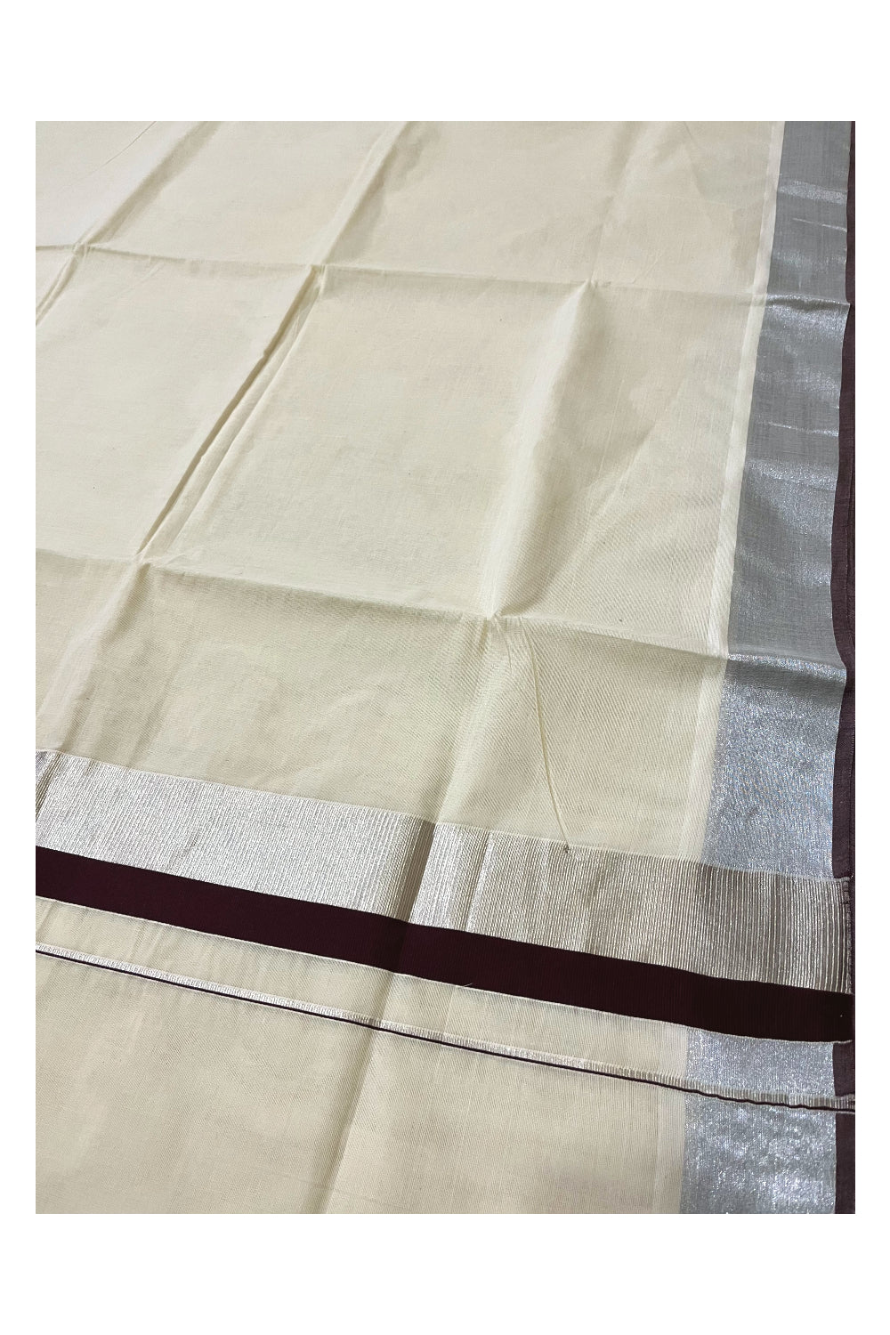 Pure Cotton Kerala Saree with Silver Kasavu and Brown Border (Onam 2023 Saree)