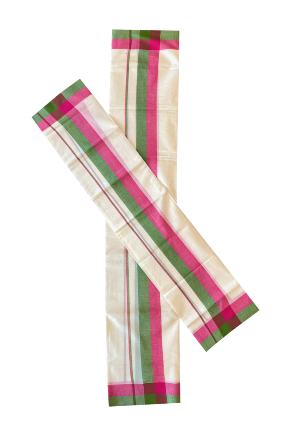 Cotton Mulloth Mundum Neriyathum Double (Set Mundu) with Red and Green Border