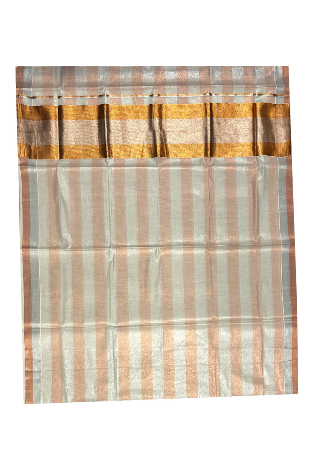 Pure Cotton Kerala Saree with Silver Copper Kasavu Border And Lines Accross Body