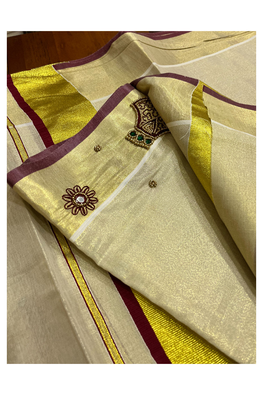 Kerala Tissue Kasavu Set Mundu (Mundum Neriyathum) with Bead Handwork Design - 2.80Mtrs (Vishu 2024 Collection)