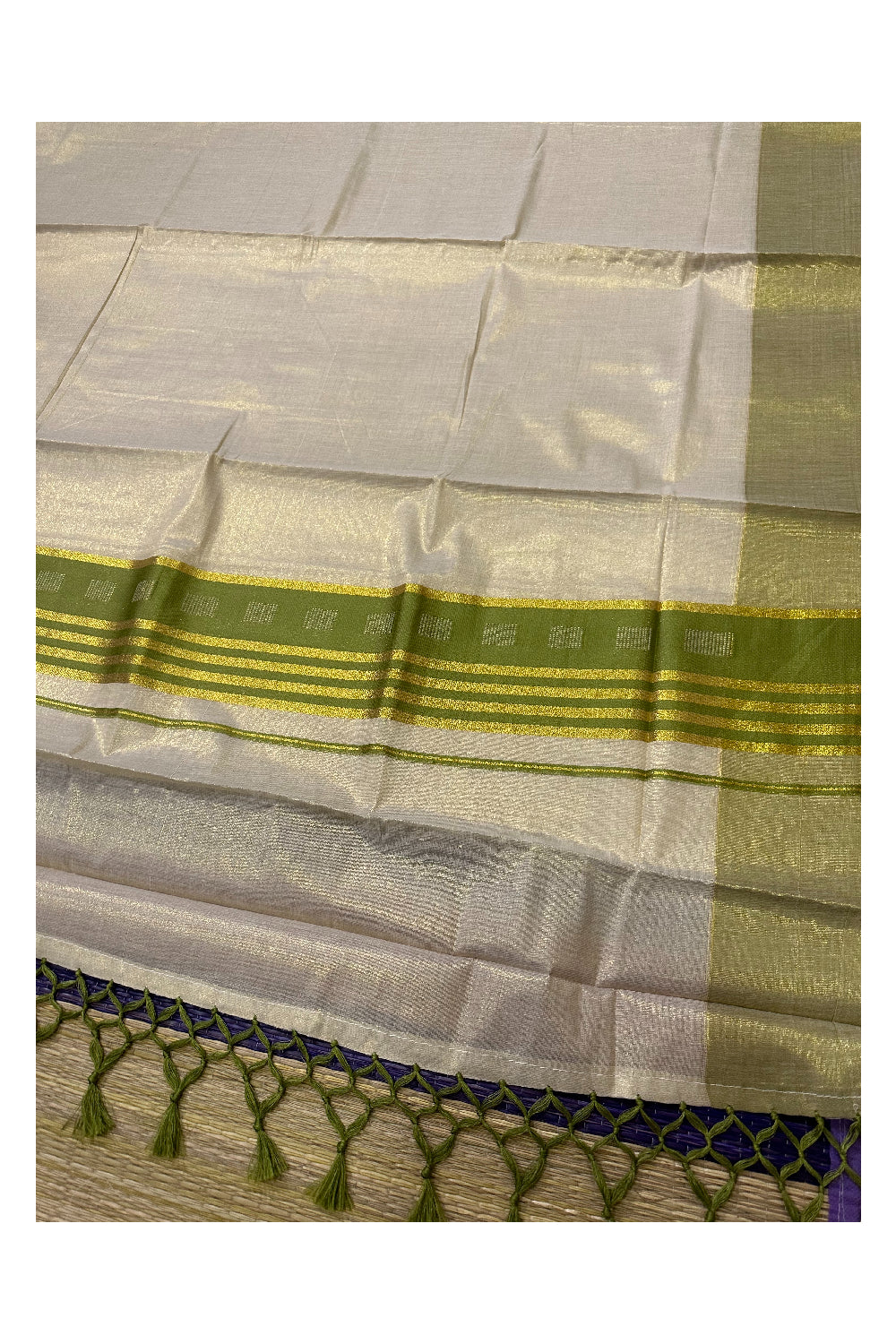 Kerala Tissue Saree with Kasavu Green Border and Tassels Works on Pallu (Onam Saree 2023)