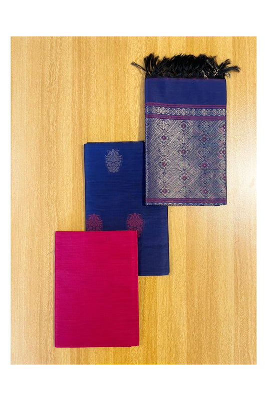 Southloom™ Original Handloom Cotton Pure Silk 3 Piece Blue and Pink Salwar Material with Woven Zari Butta Work