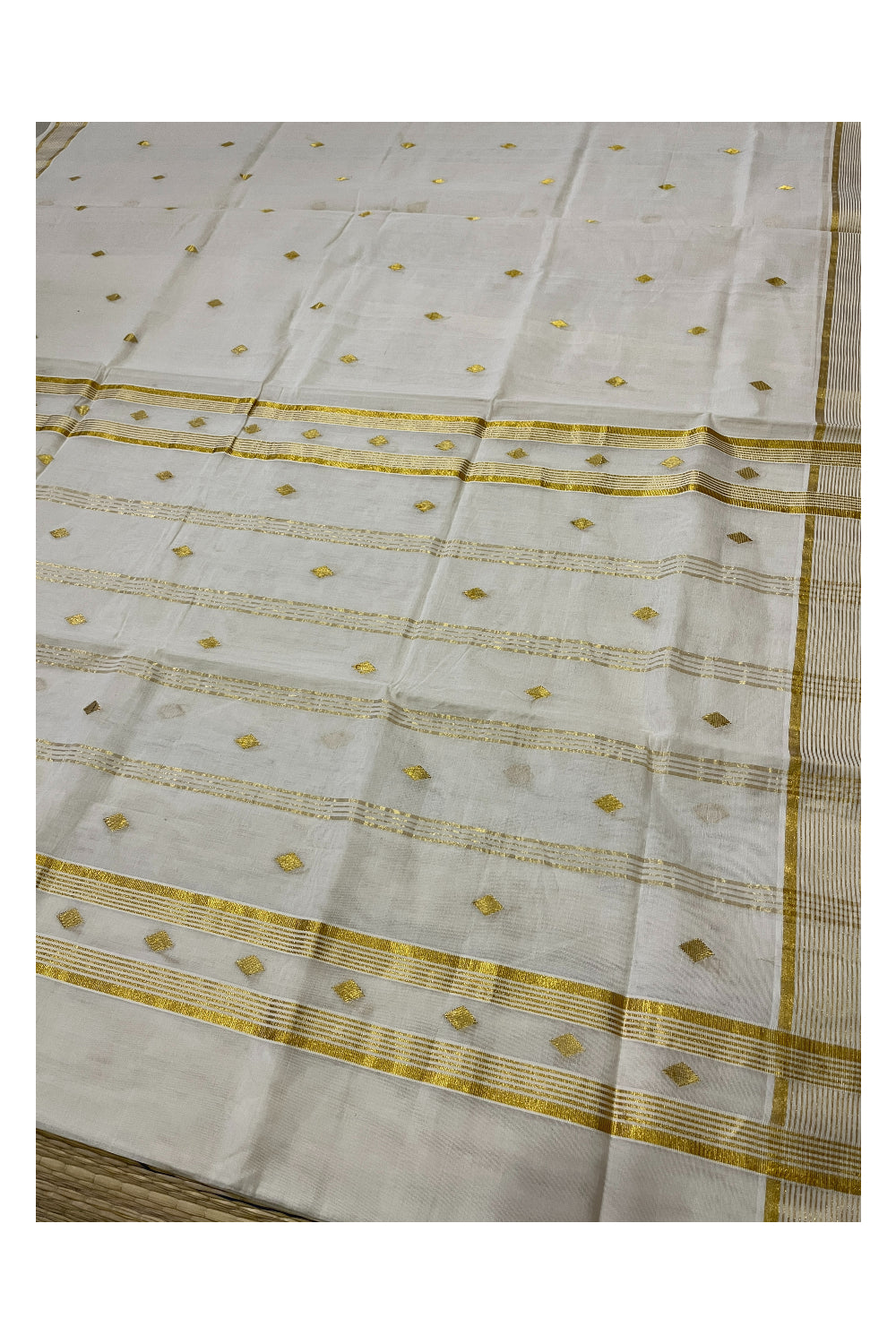 Southloom Premium Handloom Cotton Kerala Saree with Golden Butta Works