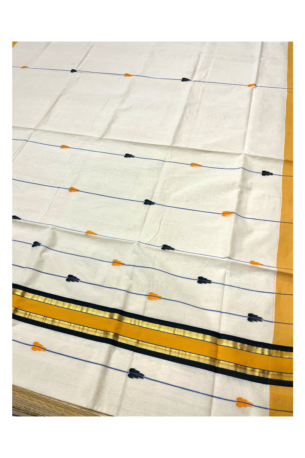 Southloom Premium Balaramapuram Unakkupaavu Handloom Cotton Butta Saree with Yellow Black and Kasavu Border